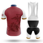 The Ride Or Die V1 Men Short Sleeve Cycling Set features a maroon jersey with an eagle design, white sleeves, gold cuffs, an American flag on the sleeve, and matching bib shorts with a white top and black padding and panels.