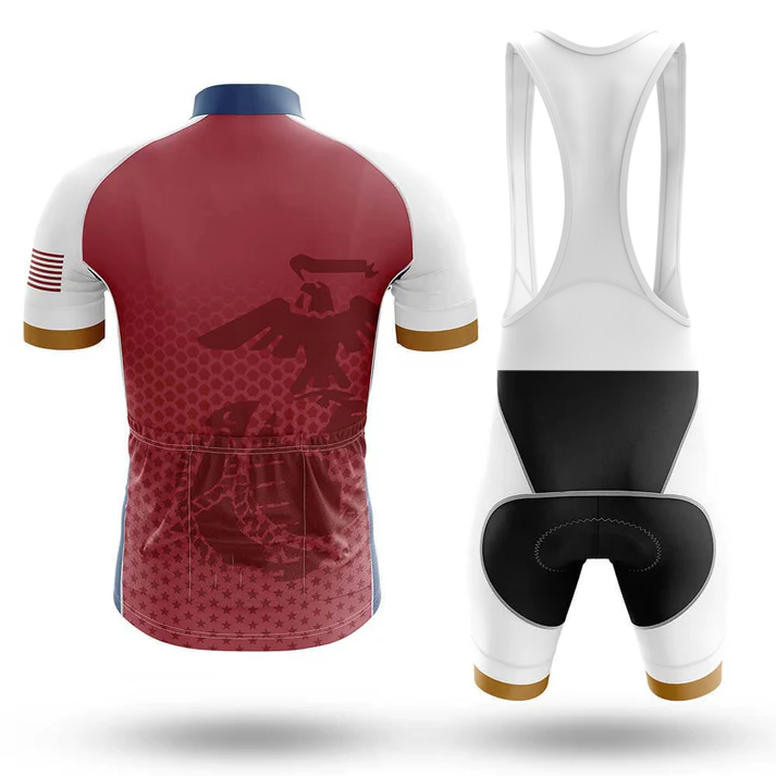 The Ride Or Die V1 Men Short Sleeve Cycling Set features a maroon jersey with an eagle design, white sleeves, gold cuffs, an American flag on the sleeve, and matching bib shorts with a white top and black padding and panels.
