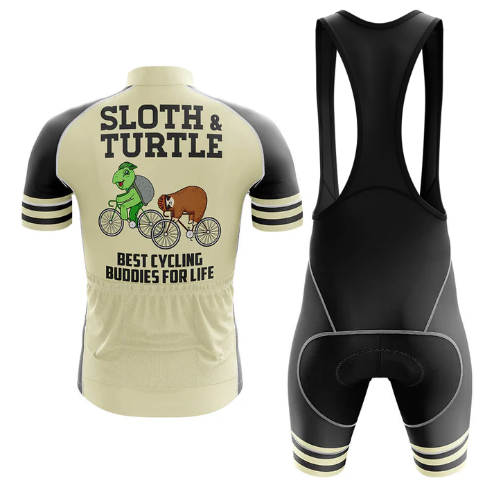 The Denmark Black Men Short Sleeve Cycling Set includes a performance jersey with "Sloth & Turtle Best Cycling Buddies For Life" and cute cartoon sloth and turtle on bikes, paired with matching black cycling bib shorts.