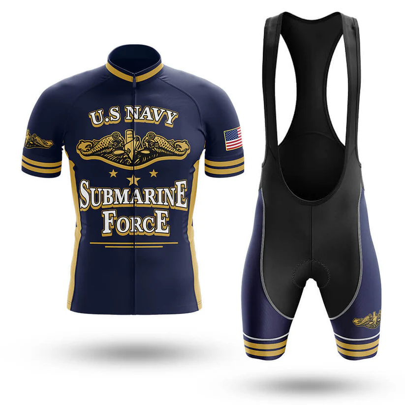 Show your pride with the Specialized Short Sleeve Cycling Set—a navy blue retro jersey and bib shorts featuring submarine insignia, flag patch, and navy-gold accents. Customizable cycling apparel for a bold ride.