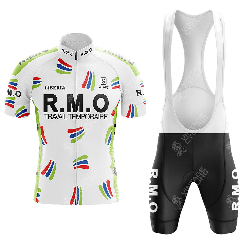 The R.M.O Retro Short Sleeve Cycling Set includes a white jersey with green accents, colorful curved stripes, and R.M.O TRAVAIL TEMPORAIRE on the front, paired with black bib shorts featuring R.M.O on the left thigh.