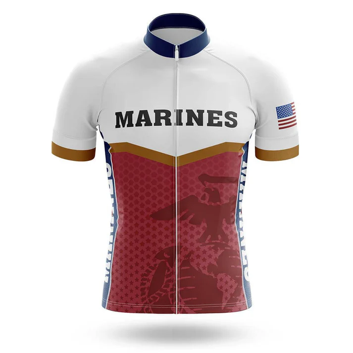 The Ride Or Die V1 Men Short Sleeve Cycling Set features a bold red design, MARINES text on the chest, an eagle, gold arm bands, an American flag sleeve, and striking white, blue, and red sections for a standout men's cycling kit.