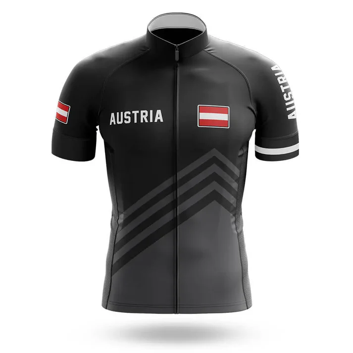 The Sloth Team Men Short Sleeve Cycling Set is a black cycling kit with AUSTRIA and the Austrian flag on the chest and sleeve, diagonal stripes on the lower front, and a full-length front zipper. Includes jersey and bib shorts.