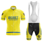 The Maes-Pils Rokado Retro Short Sleeve Cycling Set features a vintage jersey and bib shorts with Bobet Hutchinson and BP. The jersey is short-sleeved, while the yellow bib shorts have a white upper section displaying Bobet and BP.