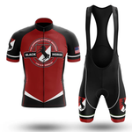 The United Kingdom Men Short Sleeve Cycling Set features red and black colors, a Black Horse cavalry emblem, Chicago flag details on the sleeve, an American flag patch, and bold horse graphics on both the shorts and jersey.