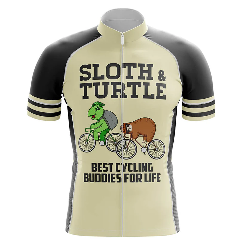 The Denmark Black Men Short Sleeve Cycling Set features black sleeves, stripes, and a cartoon turtle and sloth on bikes. Text: SLOTH & TURTLE - BEST CYCLING BUDDIES FOR LIFE. A fun cycling outfit for every ride.