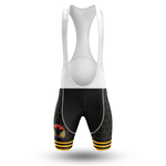 Front view of black U.S.Army V2 Men Short Sleeve Cycling Set bib shorts featuring a white upper, honeycomb leg pattern, yellow-striped leg openings, and a red-and-yellow stylized bee—ideal to pair with your favorite cycling jersey.