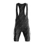 The Molteni Alimentari Retro Cycling Jersey Set features black cycling bib shorts with white logos on the sides, a sleeveless fitted cut with straps, and a gel seat pad for comfort during long rides, all set against a plain white background.