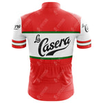 The La Casera-Bahamontes Retro Cycling Jersey is red and white with La Casera-Bahamontes written on the back and arms, featuring green and red stripes for a classic look, plus three convenient back pockets.