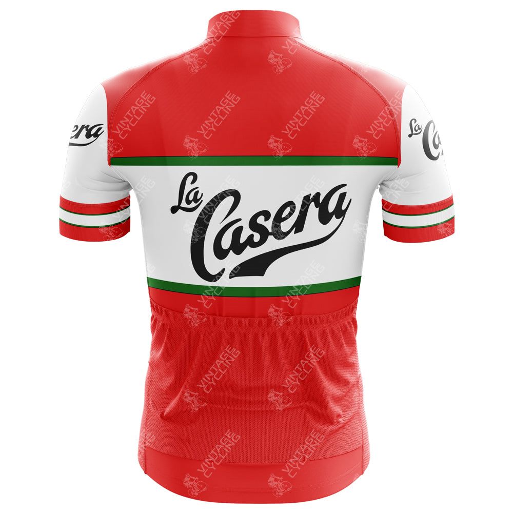 The La Casera-Bahamontes Retro Cycling Jersey is red and white with La Casera-Bahamontes written on the back and arms, featuring green and red stripes for a classic look, plus three convenient back pockets.