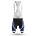 The Austria Men Short Sleeve Cycling Set features bib shorts with white straps, a black central panel, and dark blue sides with light blue and white accents. Includes a padded seat area and a small left leg logo. Inspired by the Chicago flag cycling kit.