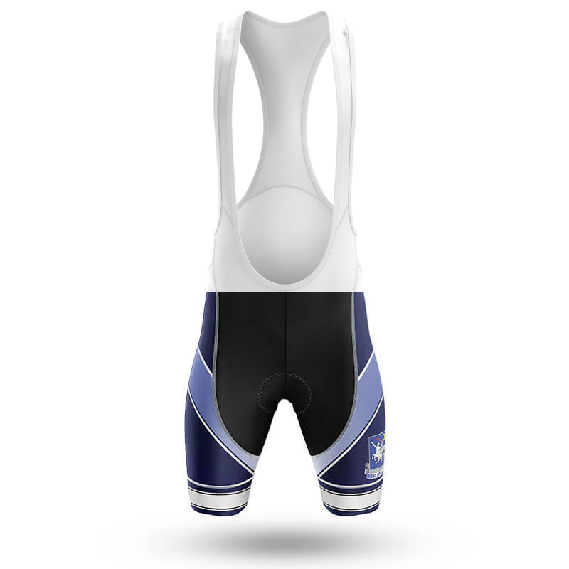 The Austria Men Short Sleeve Cycling Set features bib shorts with white straps, a black central panel, and dark blue sides with light blue and white accents. Includes a padded seat area and a small left leg logo. Inspired by the Chicago flag cycling kit.