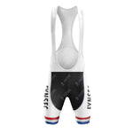 The FYNSEC Retro Short Sleeve Cycling Set includes bib shorts with a white upper, black lower, and EVNSCF printed vertically. The hem features red, white, and blue stripes, and the fabric is enhanced with subtle watermark designs for added elegance.