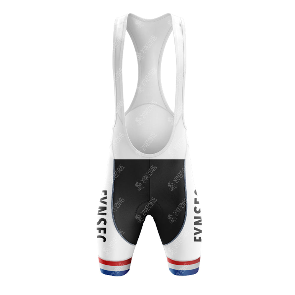 The FYNSEC Retro Short Sleeve Cycling Set includes bib shorts with a white upper, black lower, and EVNSCF printed vertically. The hem features red, white, and blue stripes, and the fabric is enhanced with subtle watermark designs for added elegance.