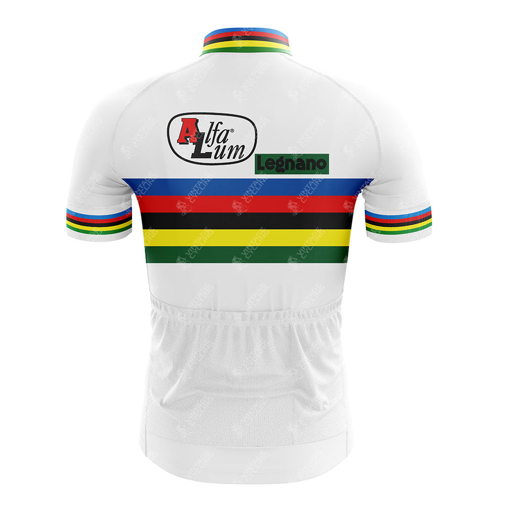 Back view of the Renault Elf Gitane White Retro Short Sleeve Cycling Set featuring a customizable white jersey with horizontal rainbow stripes, colorful sleeve and collar trim, and logos on the upper back.