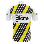 The Renault Gitane Yellow Retro Short Sleeve Cycling Set has bold black and yellow diagonal stripes on the back, white sleeves, and "Renault gitane" printed in black across the upper back.