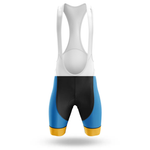 The USC Men Short Sleeve Cycling Set is inspired by the Chicago flag, featuring a white upper, black central section, blue side panels, and yellow leg cuffs, shown against a white background.