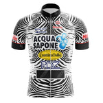 The Acqua Sapone Cantina Tollo Zebra Retro Cycling Jersey Set showcases a chic zebra-print design on a white background with bold black stripes, adorned with sponsor logos like Acqua & Sapone and Cantina Tollo.