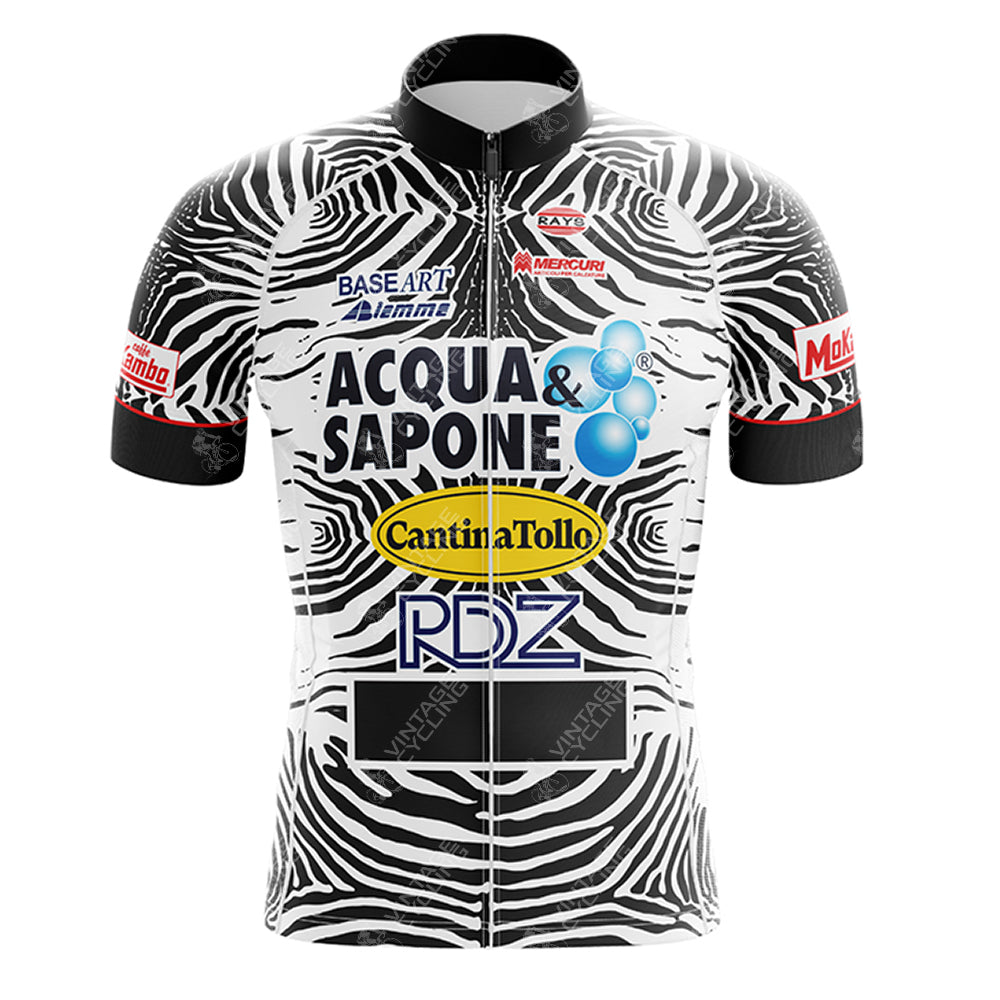 The Acqua Sapone Cantina Tollo Zebra Retro Cycling Jersey Set showcases a chic zebra-print design on a white background with bold black stripes, adorned with sponsor logos like Acqua & Sapone and Cantina Tollo.