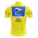 The EPEDEX Tricatel Retro Short Sleeve Cycling Set is a yellow jersey with a large blue and white United States Postal Service logo on the back, "Berry Floor," "AMD," and "Credit Lyonnais" details, plus smaller sleeve sponsor logos.