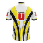 Back view of the Tricofilina Coppi Retro Short Sleeve Cycling Set, featuring a white, yellow, and black geometric jersey with a large red système U logo in the center and smaller red logos on both sleeves—ideal for customizable cycling gear.