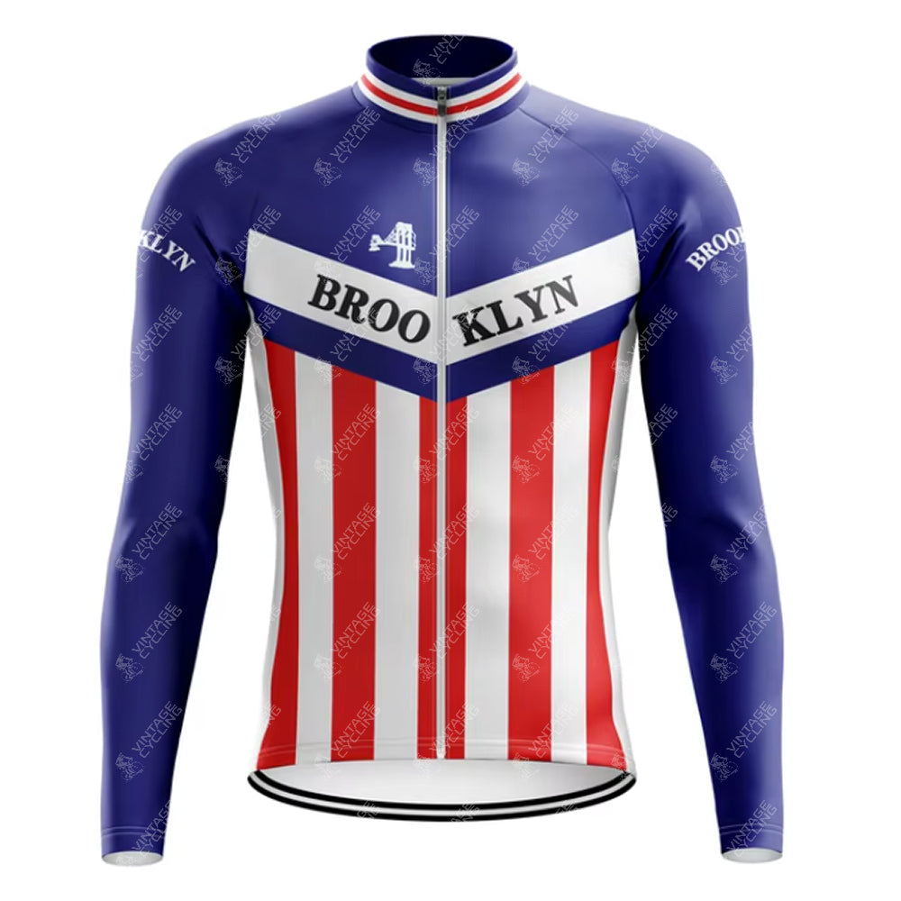 The Brooklyn Chewing Gum Retro Cycling Jersey Long Set (with Fleece Option) showcases red and white stripes on the lower half, a blue upper, and BROOKLYN in white. It features a cyclist graphic inspired by Roger de Vlaemincks era.