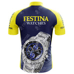 The FESTINA Retro Short Sleeve Cycling Set features a yellow collar and sleeves, showcasing Festina Watches and a striking metallic watch image with a blue dial on the back, all in vibrant blue and yellow color blocking.