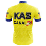 The KAS Retro Short Sleeve Cycling Set sports KAS and Canal 10 logos in black and red, featuring a vivid yellow color with bold blue accents on the sleeves and collar, perfect for vintage cycling enthusiasts.