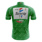 1990s Banesto Retro Short Sleeve Cycling Set features sponsor logos, including PMU. With white accents and a central back pocket, its ideal for collectors and riders seeking nostalgia.