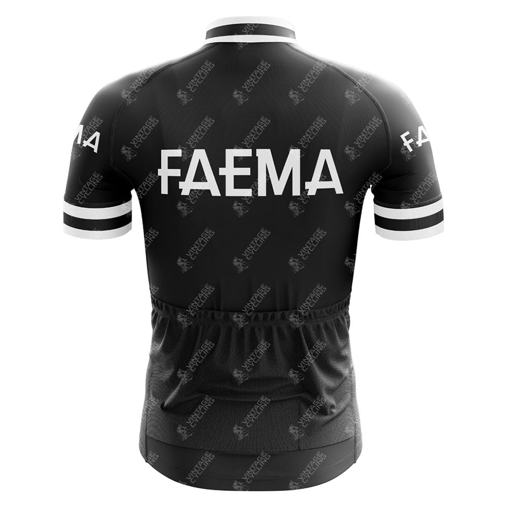 The FAEMA Black Retro Short Sleeve Cycling Set features FAEMA in white on the upper back, a gray lion pattern, and retro short sleeves with white stripes, embodying timeless cycling style.
