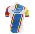 The Panasonic-Isostar Retro Cycling Jersey, made from lightweight polyester, features bold diagonal blue, yellow, and red stripes on a white base with red sleeves. Branding accents are on the sleeves and lower back. Ideal for classic Campagnolo groupset enthusiasts.