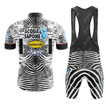 The Acqua Sapone Cantina Tollo Zebra Retro Cycling Jersey Set features a zebra-print pattern with coordinating bib shorts, logos like Acqua Sapone Cantina Tollo and PDZ, stylish blue bubble designs, and a striking black, white, and blue color palette.