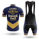 The Specialized Short Sleeve Cycling Set is a customizable cycling kit featuring navy blue and gold retro styling, submarine insignia, U.S. Navy text, and an American flag patch on the sleeve—shown from the back.