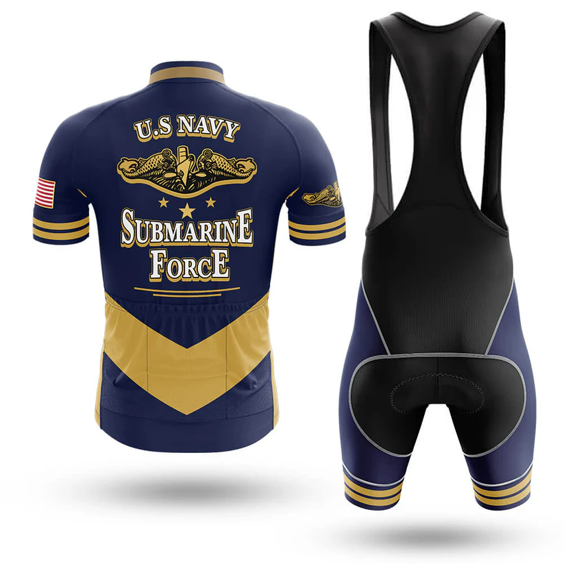 The Specialized Short Sleeve Cycling Set is a customizable cycling kit featuring navy blue and gold retro styling, submarine insignia, U.S. Navy text, and an American flag patch on the sleeve—shown from the back.