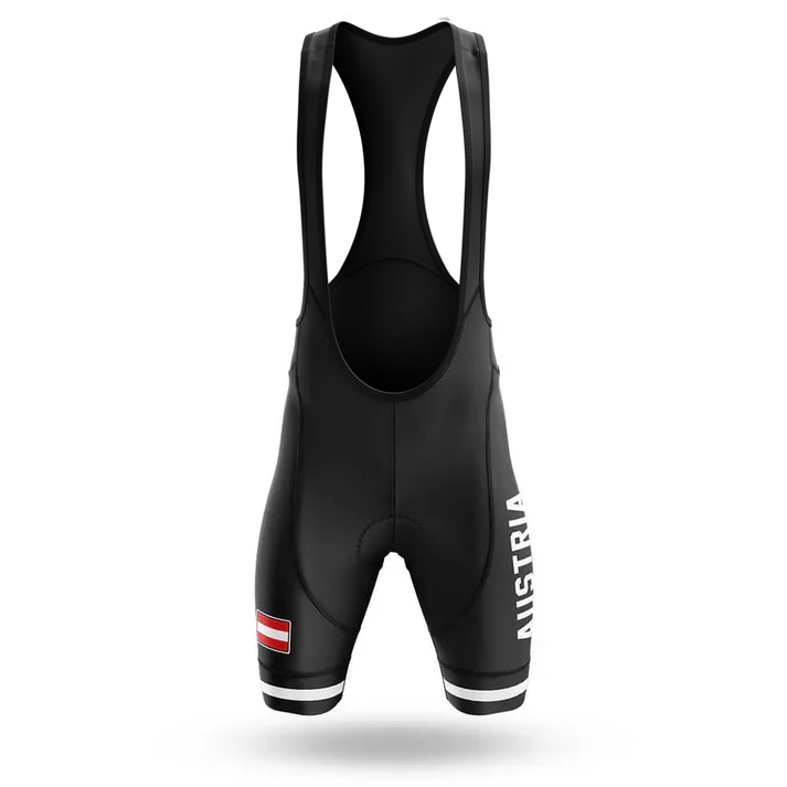 The Sloth Team Men Short Sleeve Cycling Set features a black jersey and bib shorts with shoulder straps, "AUSTRIA" printed vertically on the right thigh, and an Austrian flag design on the left leg, displayed against a white background.