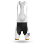 The Ride Or Die V1 Men Short Sleeve Cycling Set features a white and black bib short with a racerback design, an American flag patch on the left leg, and is displayed on a plain white background.