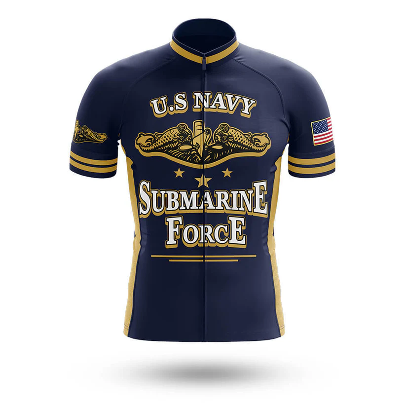 The Specialized Short Sleeve Cycling Set is a navy blue retro jersey with gold accents, U.S. Navy Submarine Force text, submarine insignias, an American flag patch on the sleeve, and a centered front zipper for customizable cycling style.