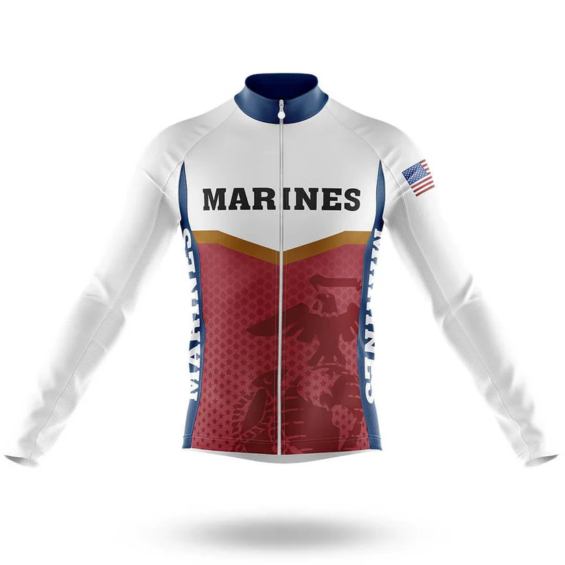 The Specialized V1 Men Long Sleeve Cycling Jersey features bold black MARINES text across the chest, a red and gold design below, blue side panels with MARINES text, and a small American flag on the upper left sleeve—perfect for cool weather rides.