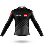 The USMC Cycle Corps Men Long Sleeve Cycling Jersey is a black jersey with bold "AUSTRIA" text, Austrian flags, diagonal torso stripes, and "AUSTRIA" written vertically on the side—ideal for cool-weather rides.