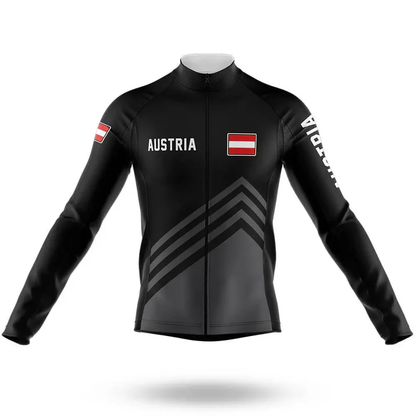 The USMC Cycle Corps Men Long Sleeve Cycling Jersey is a black jersey with bold "AUSTRIA" text, Austrian flags, diagonal torso stripes, and "AUSTRIA" written vertically on the side—ideal for cool-weather rides.