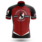 The United Kingdom Men Short Sleeve Cycling Set features a red and black design with the 11th Armored Cavalry Regiment Black Horse emblem on the chest, an American flag on the right sleeve, and bold white and red accents.