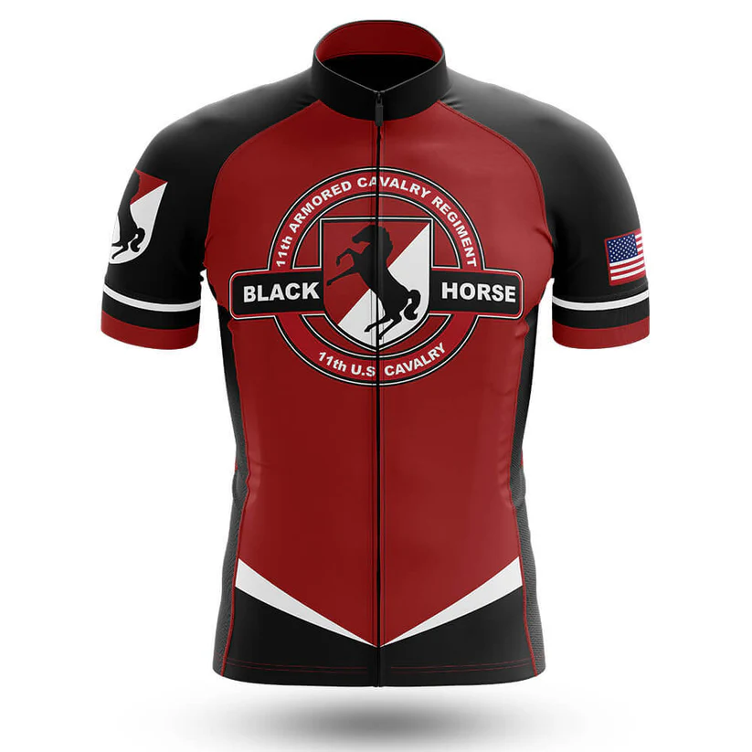 The United Kingdom Men Short Sleeve Cycling Set features a red and black design with the 11th Armored Cavalry Regiment Black Horse emblem on the chest, an American flag on the right sleeve, and bold white and red accents.