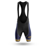 The Specialized Short Sleeve Cycling Set features cycling bib shorts inspired by the U.S. Navy Submarine Force, with black straps and upper, navy blue lower legs, and gold stripes plus a crest-like design near the left thigh hem.