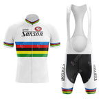 The France-Loire Sem Green Retro Short Sleeve Cycling Set features a white jersey and bib shorts with rainbow stripes, "gelati Sanson" text, a red chest logo, and classic MOLTENI ARCORE-inspired style.
