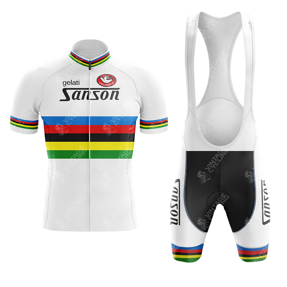 The France-Loire Sem Green Retro Short Sleeve Cycling Set features a white jersey and bib shorts with rainbow stripes, "gelati Sanson" text, a red chest logo, and classic MOLTENI ARCORE-inspired style.