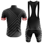 The Therapy Men Short Sleeve Cycling Set is a black Chicago flag kit with moisture-wicking jersey and bib shorts, featuring geometric gray patterns. The short-sleeved jersey has red bands with white crosses on the sleeves. Both back views are shown.