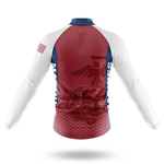 Back view of the Specialized V1 Men Long Sleeve Cycling Jersey featuring white sleeves, a red and blue body, American flag on the right shoulder, "MARINES" on the sides, and a subtle eagle and anchor graphic on the back.