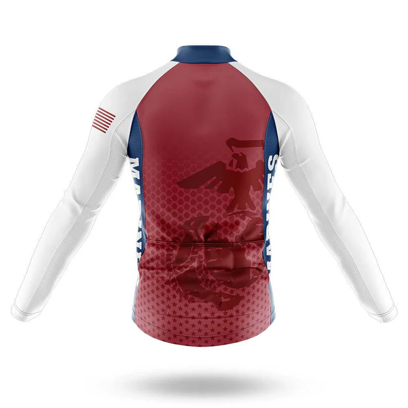 Back view of the Specialized V1 Men Long Sleeve Cycling Jersey featuring white sleeves, a red and blue body, American flag on the right shoulder, "MARINES" on the sides, and a subtle eagle and anchor graphic on the back.