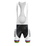 White cycling bib shorts with black thigh panels, rainbow leg stripes, and “WILSON” printed on each thigh. Pair with the France-Loire Sem Green Retro Short Sleeve Cycling Set for a classic retro cycling look.