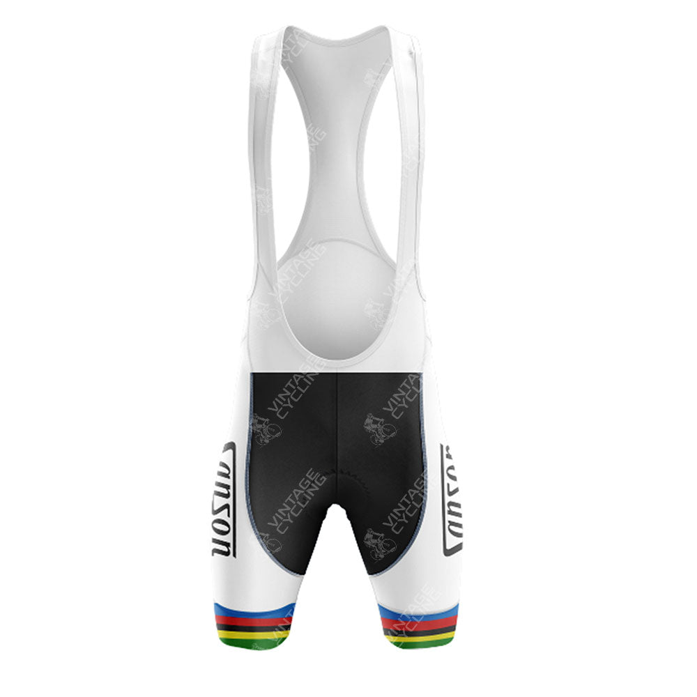 White cycling bib shorts with black thigh panels, rainbow leg stripes, and “WILSON” printed on each thigh. Pair with the France-Loire Sem Green Retro Short Sleeve Cycling Set for a classic retro cycling look.